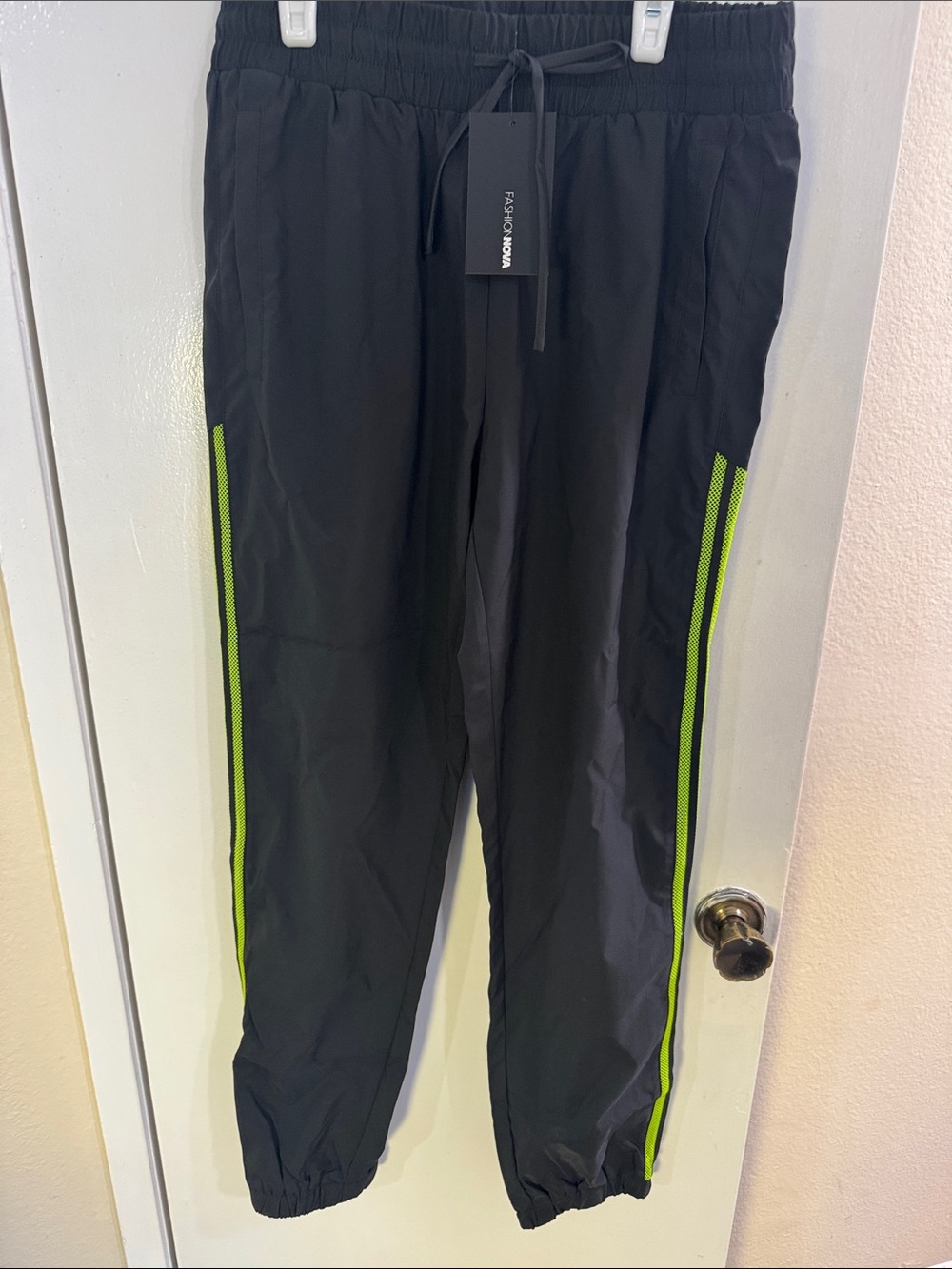 Fashion Nova Black Joggers with Neon Green Side Stripes